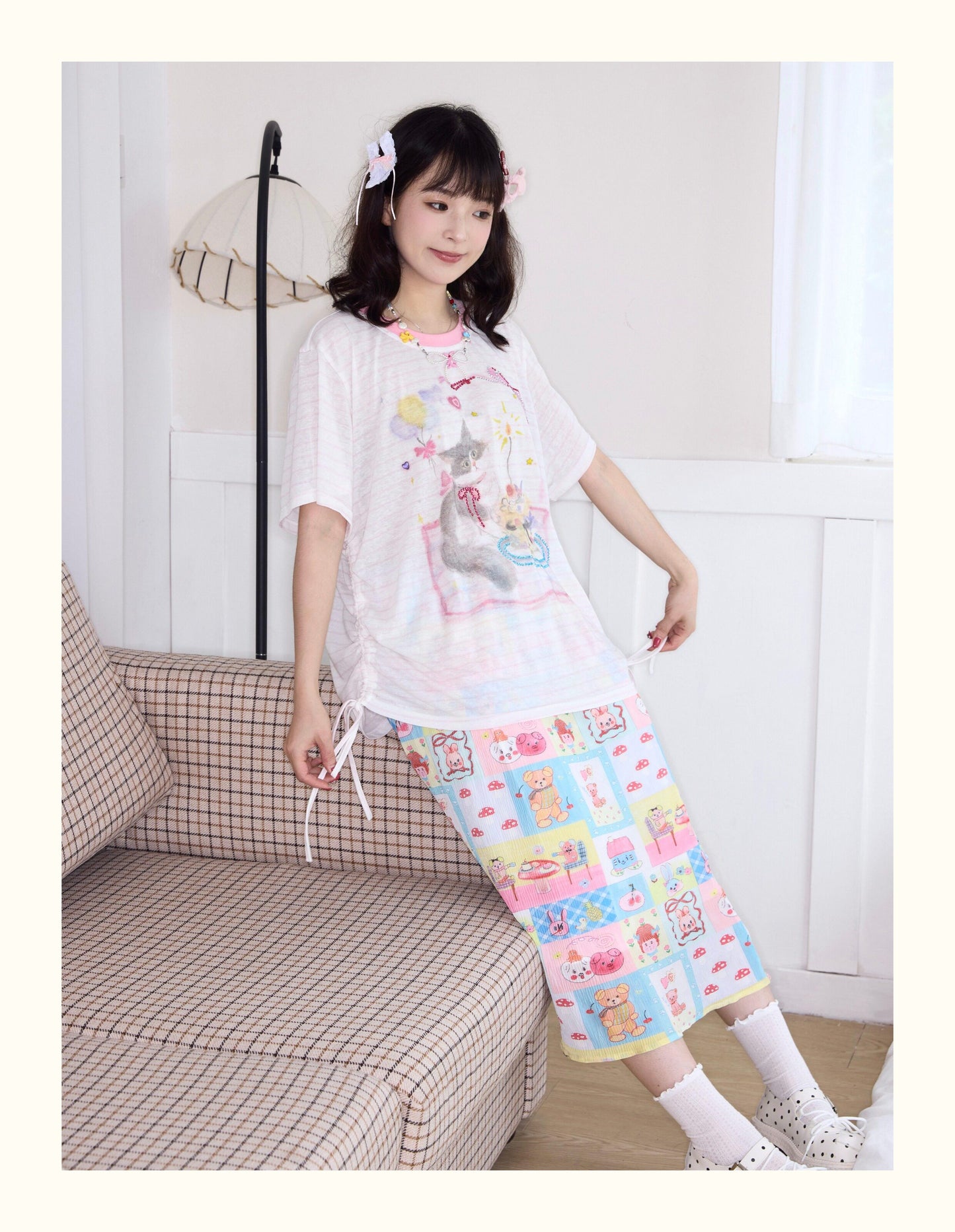 Robootoo - Pastel Cartoon Pleated Midi Skirt skirt Robootoo