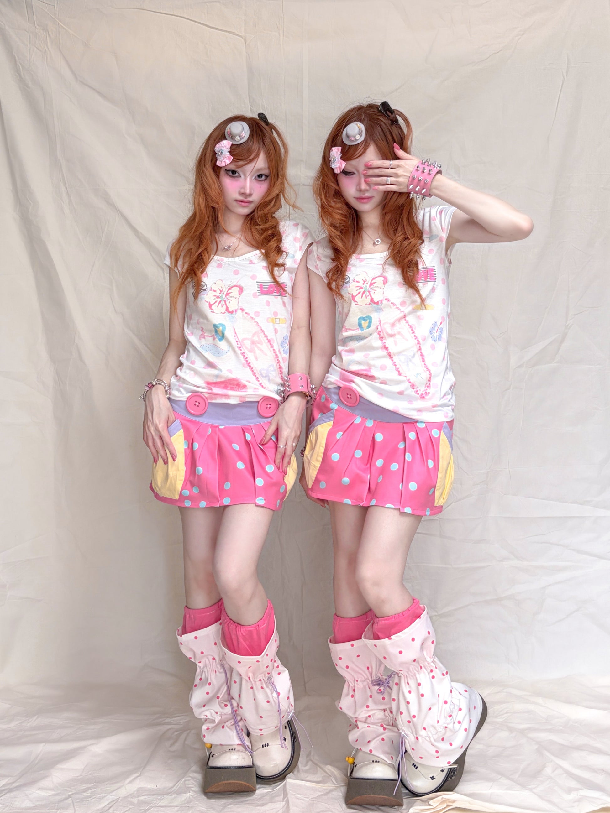 YJM with biubiu - Pink Polka Drawstring Socks leg warmmers YJM with biubiu