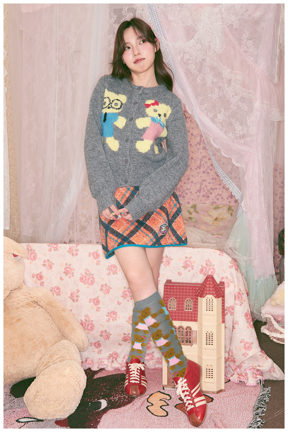 tntntutu - Beige & Charcoal Teddy Plush Knit Cardigan cardigan tntntutu