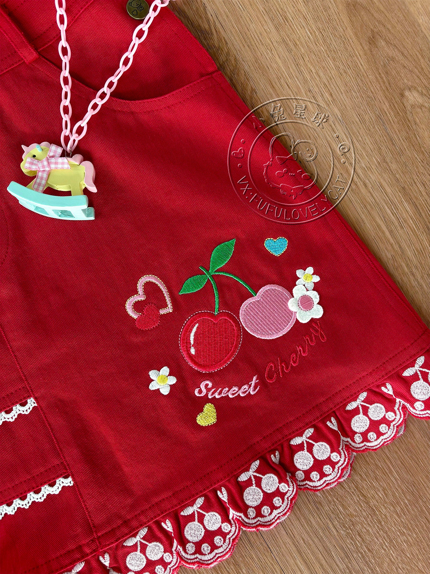 Bunny Planet - Jojifuku Cherry Red Embroidered Pinafore Dress dress bunnyplanet