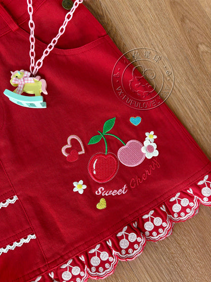 Bunny Planet - Jojifuku Cherry Red Embroidered Pinafore Dress dress bunnyplanet
