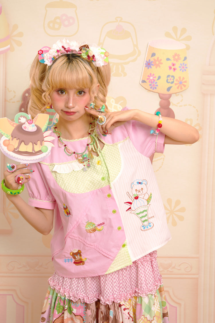 Lutra Jump - Decora Kei Pink Asymmetric Collar Embroidered Shirt shirt Lutra Jump