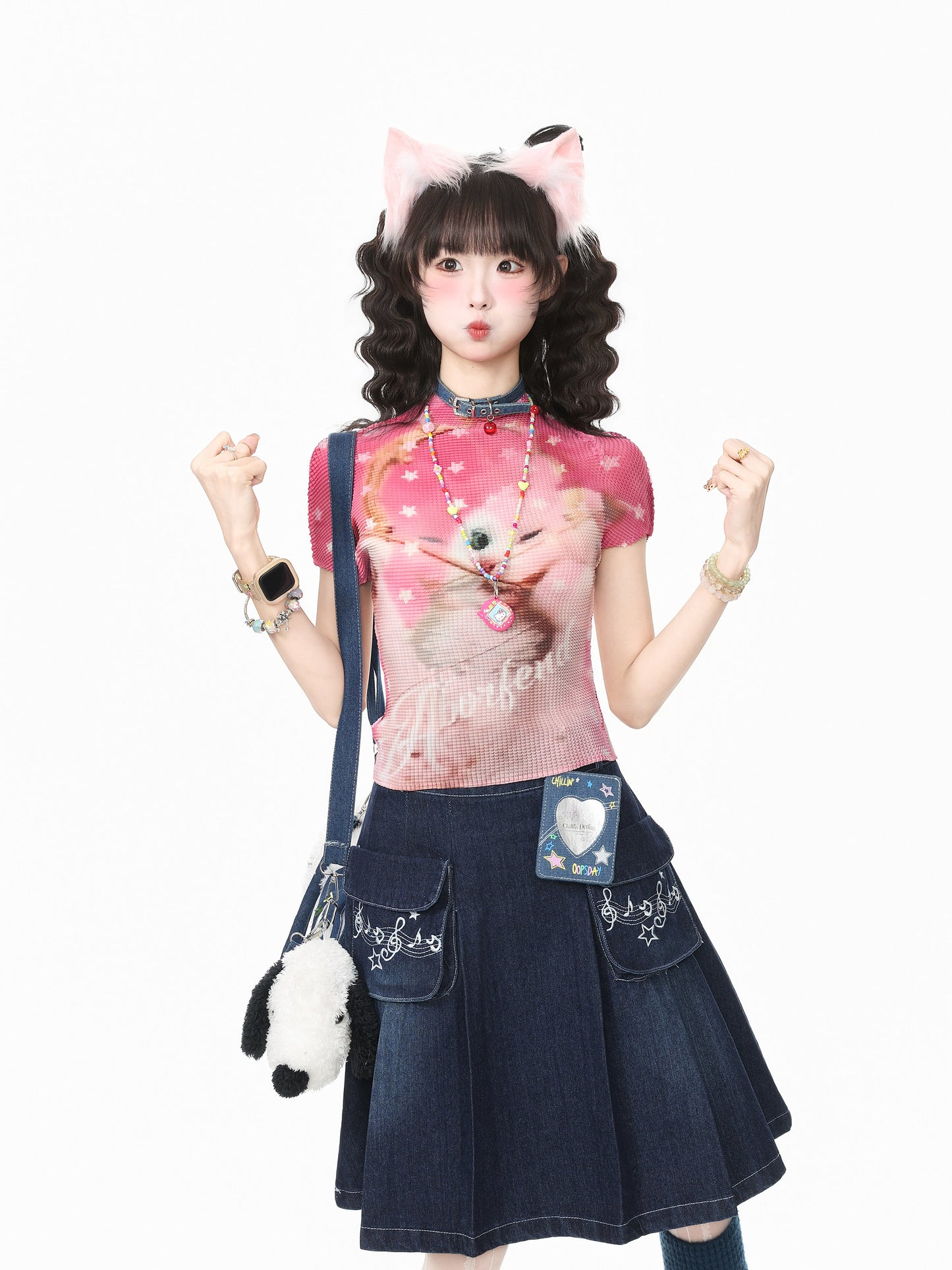 Languid Park - Cat Print Stretch Cropped T-Shirt tshirt Languid Park