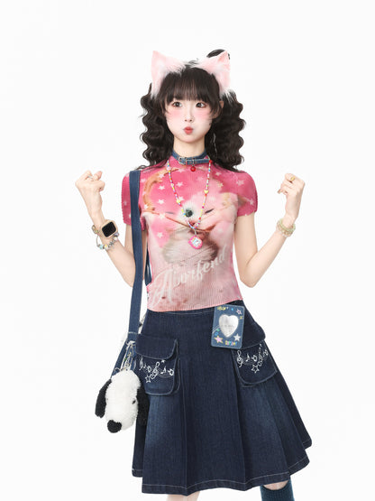 Languid Park - Cat Print Stretch Cropped T-Shirt tshirt Languid Park