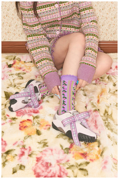 tntntutu - Purple Striped Floral Mid-Calf Socks sock tntntutu