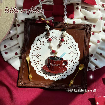 Bear Doll - Burgundy Polka Dot Teapot Necklace
