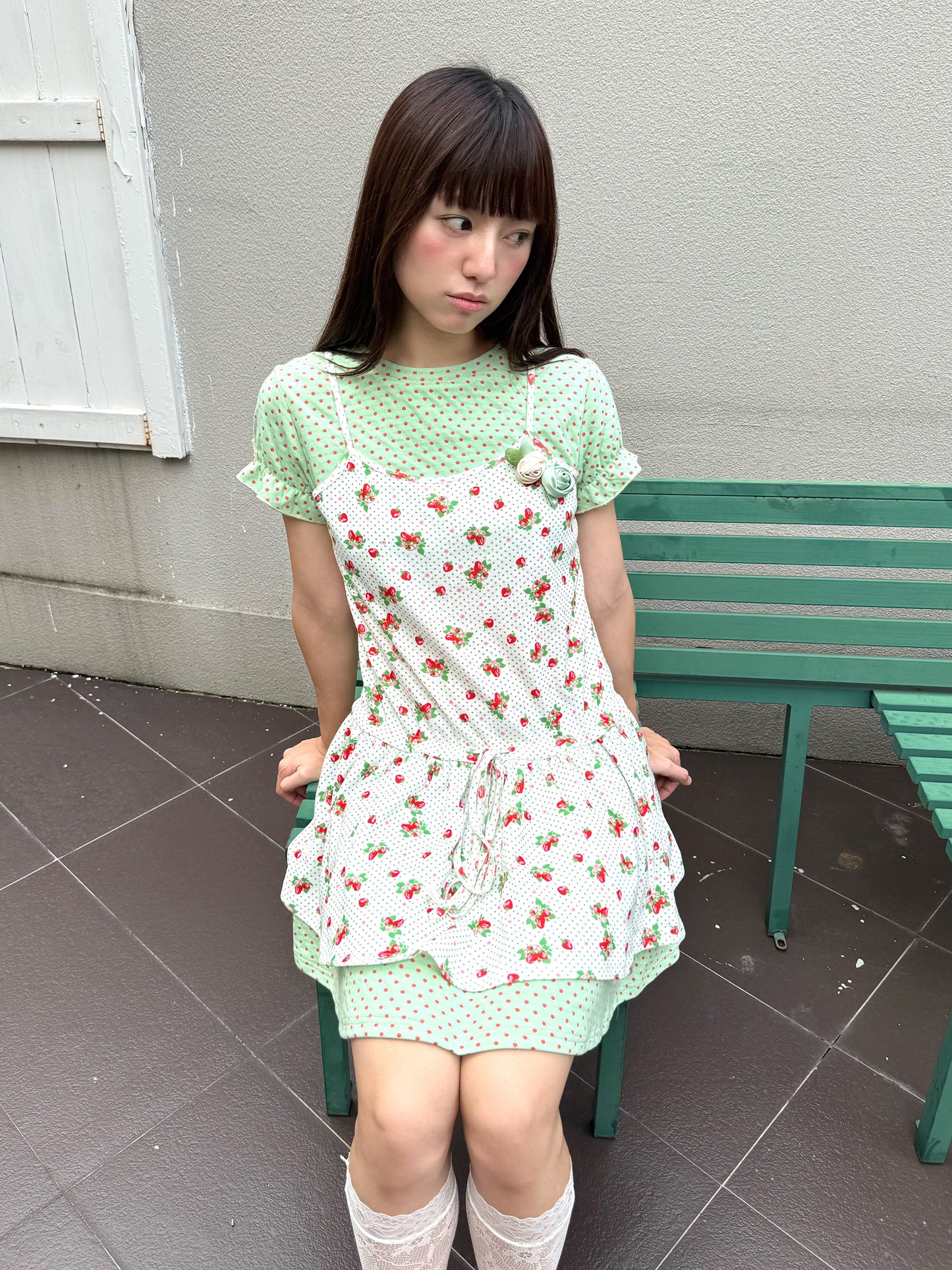 FRUITS - Mint Green Polka Dot Puff Sleeve Dress dress Fruits