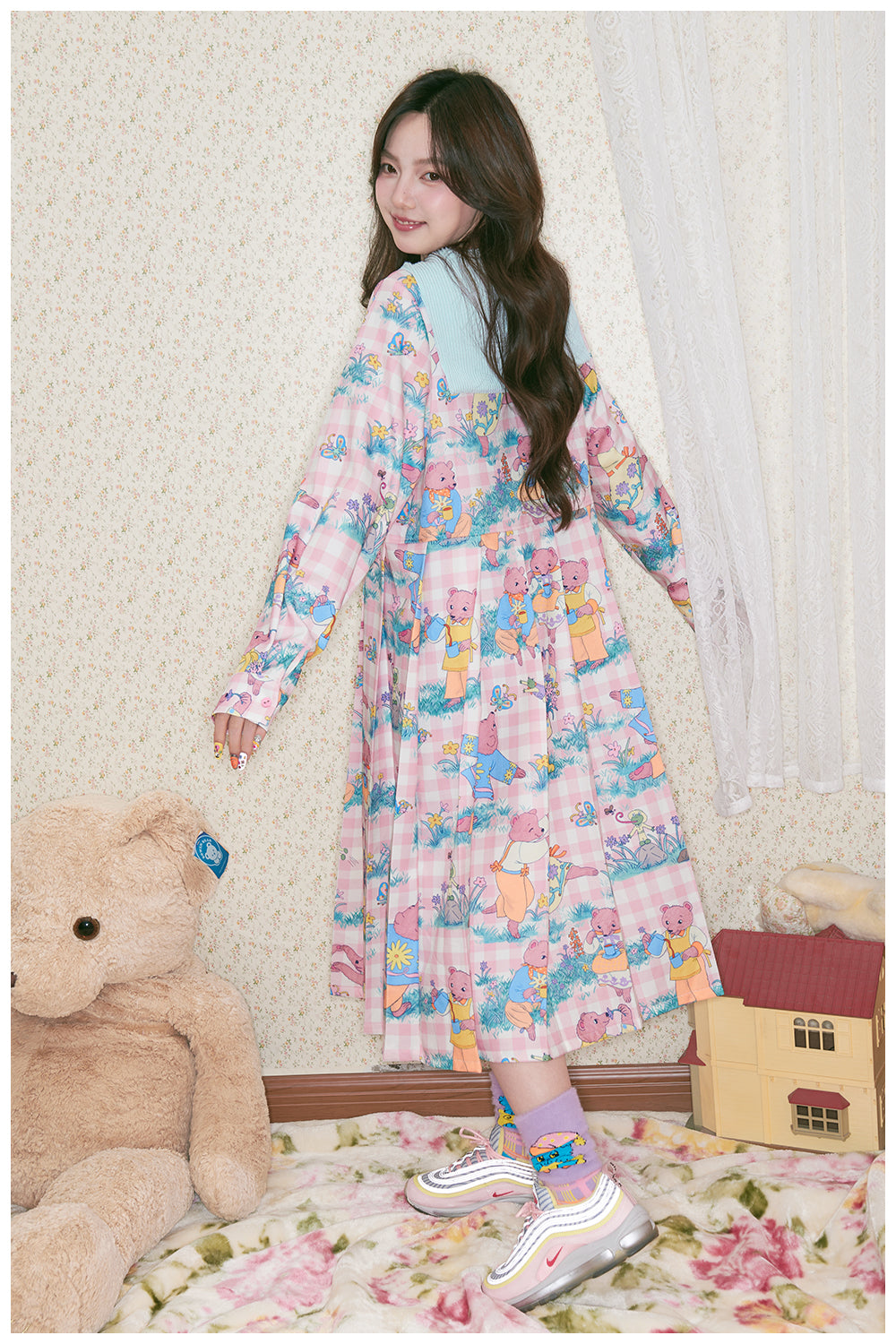 tntntutu - Pink Teddy Print Removable Sailor Collar Dress dress tntntutu