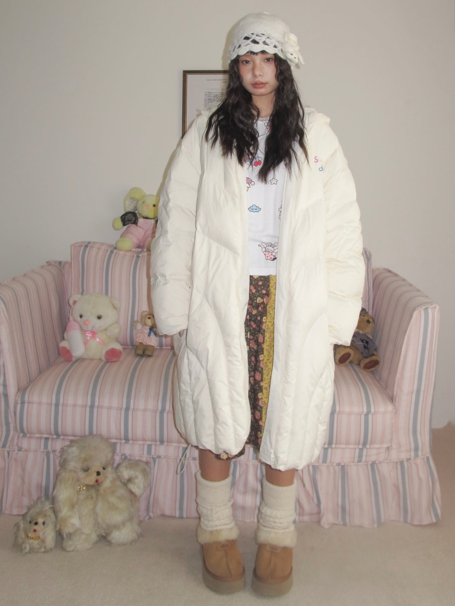 Harajuku-inspired white puff long down jacket with original embroidery