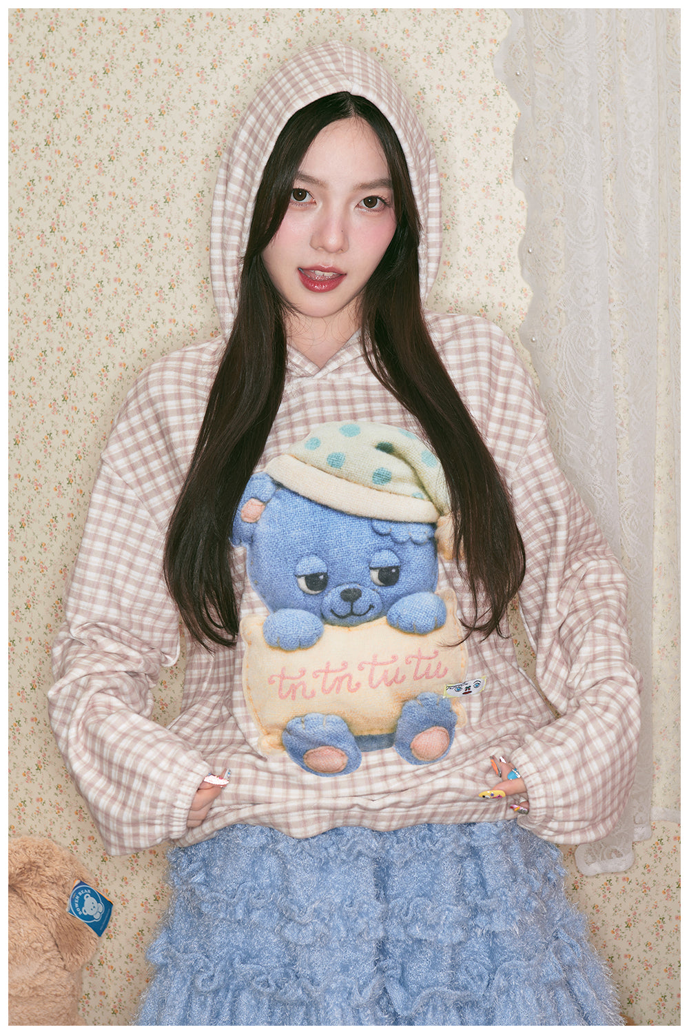 tntntutu - Kawaii Plaid Blue Bear Fleece Hoodie Loungewear hoodie tntntutu