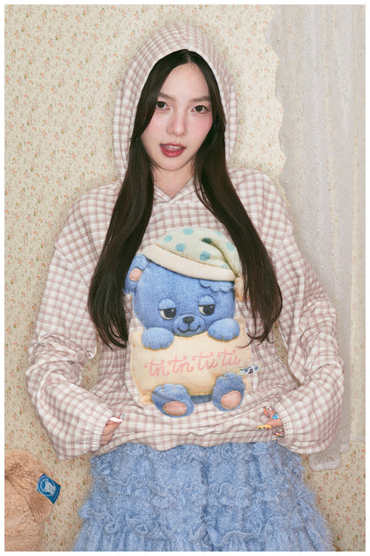 tntntutu - Kawaii Plaid Blue Bear Fleece Hoodie Loungewear hoodie tntntutu