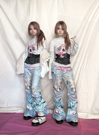 YJM with biubiu Graffiti Ruched Pants | Low-Waist Thin Long Pants pants YJM with biubiu