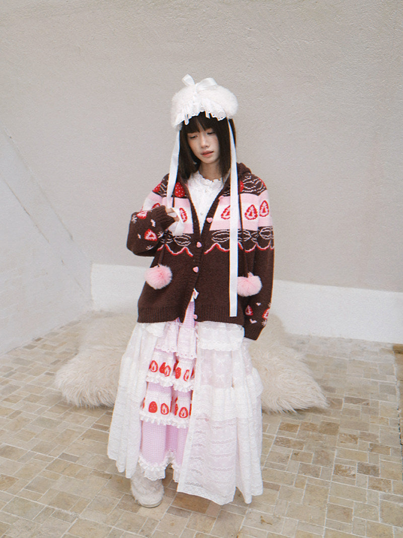 Daytoday Everyday Institute - Chocolate Strawberry Cake Fair Isle Cardigan coat daytoday everyday institute