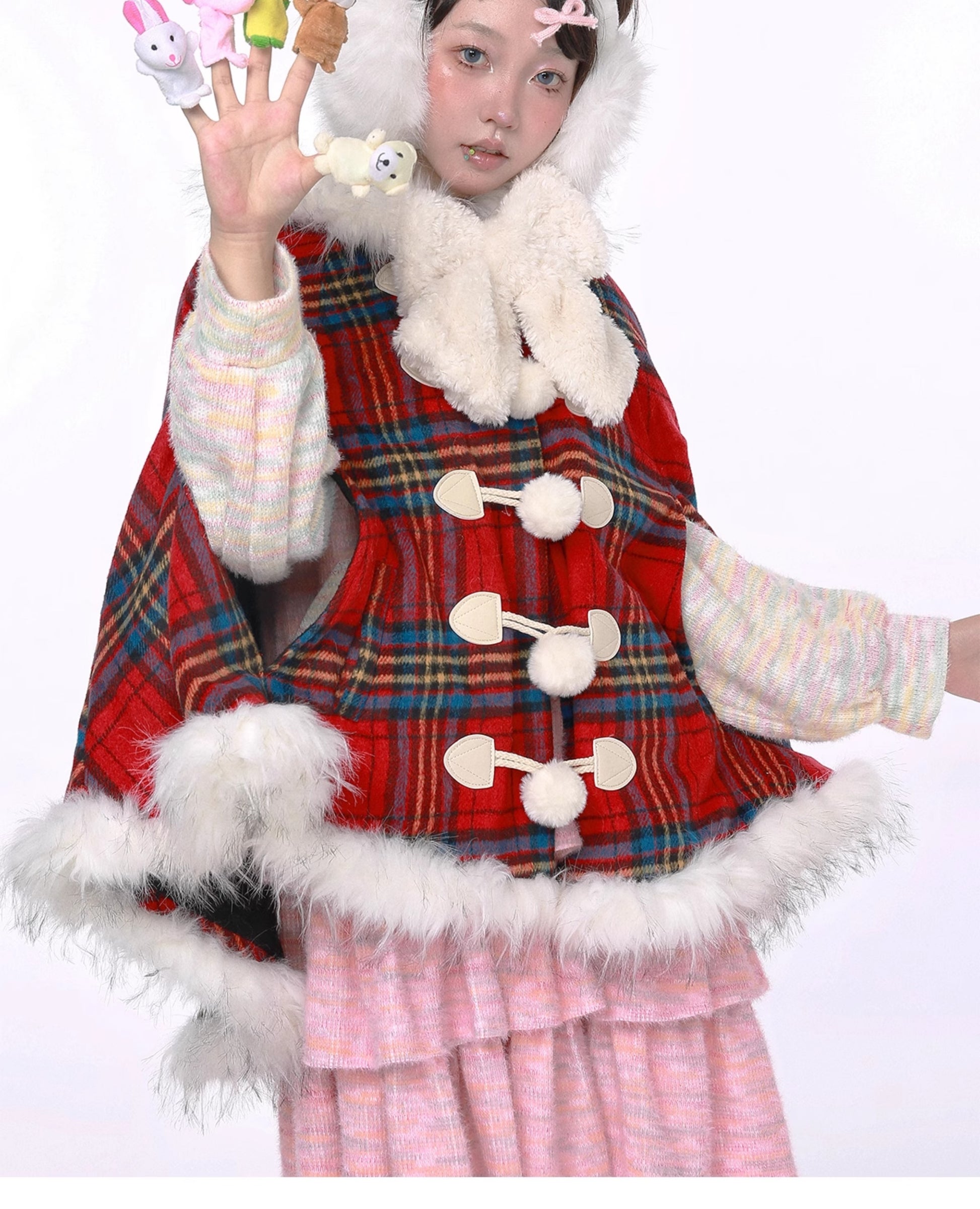 SOS MEME CLUB – Showa Christmas Red Plaid Wool Coat cape SOS MEME CLUB