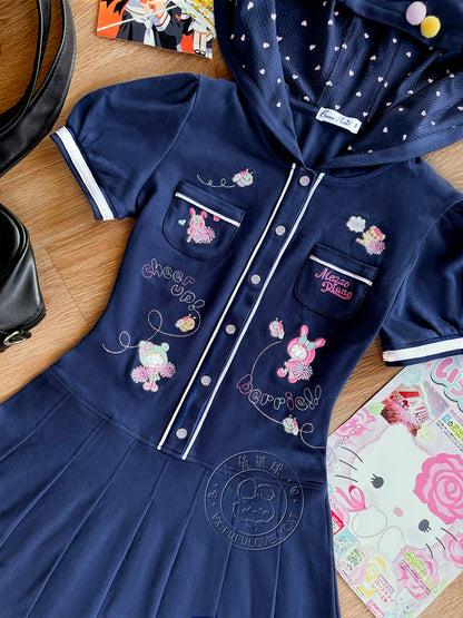 Bunny Planet - Navy Embroidered Hooded Pleated Dress dress bunnyplanet