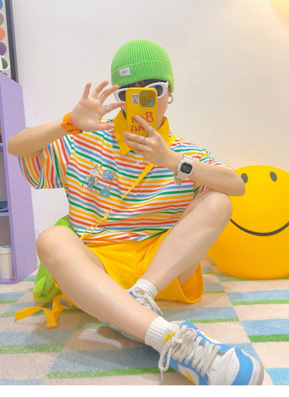 KURIOSITAET - Rainbow Stripe Polo Tee shirt KURIOSITAET