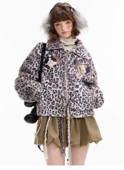 ziziFei - Girly Kei Leopard Cat Fleece Jacket coat ziziFei