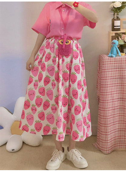 KURIOSITAET – Strawberry Print Pink Skirt skirt KURIOSITAET