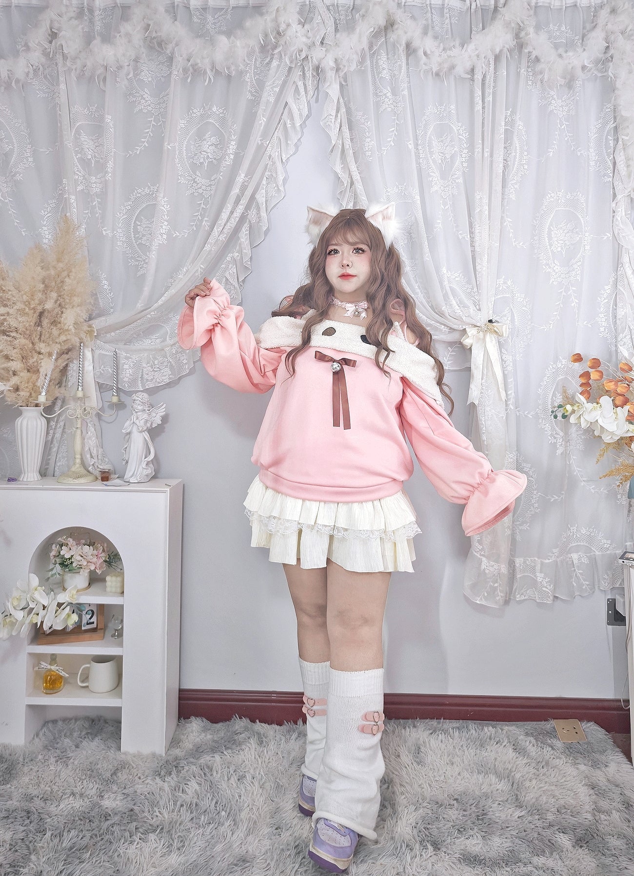Roro Dream - Kawaii Oversized Puff Sleeve Cat Bow Sweater Lace Skirt Set set Roro Dream