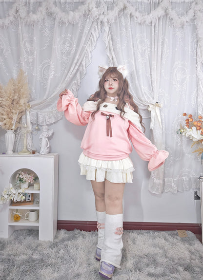 Roro Dream - Kawaii Oversized Puff Sleeve Cat Bow Sweater Lace Skirt Set set Roro Dream