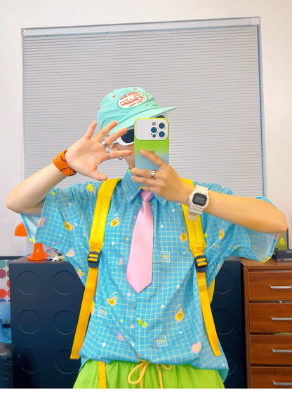 KURIOSITAET - Blue Colorful Plaid Short-Sleeve Shirt