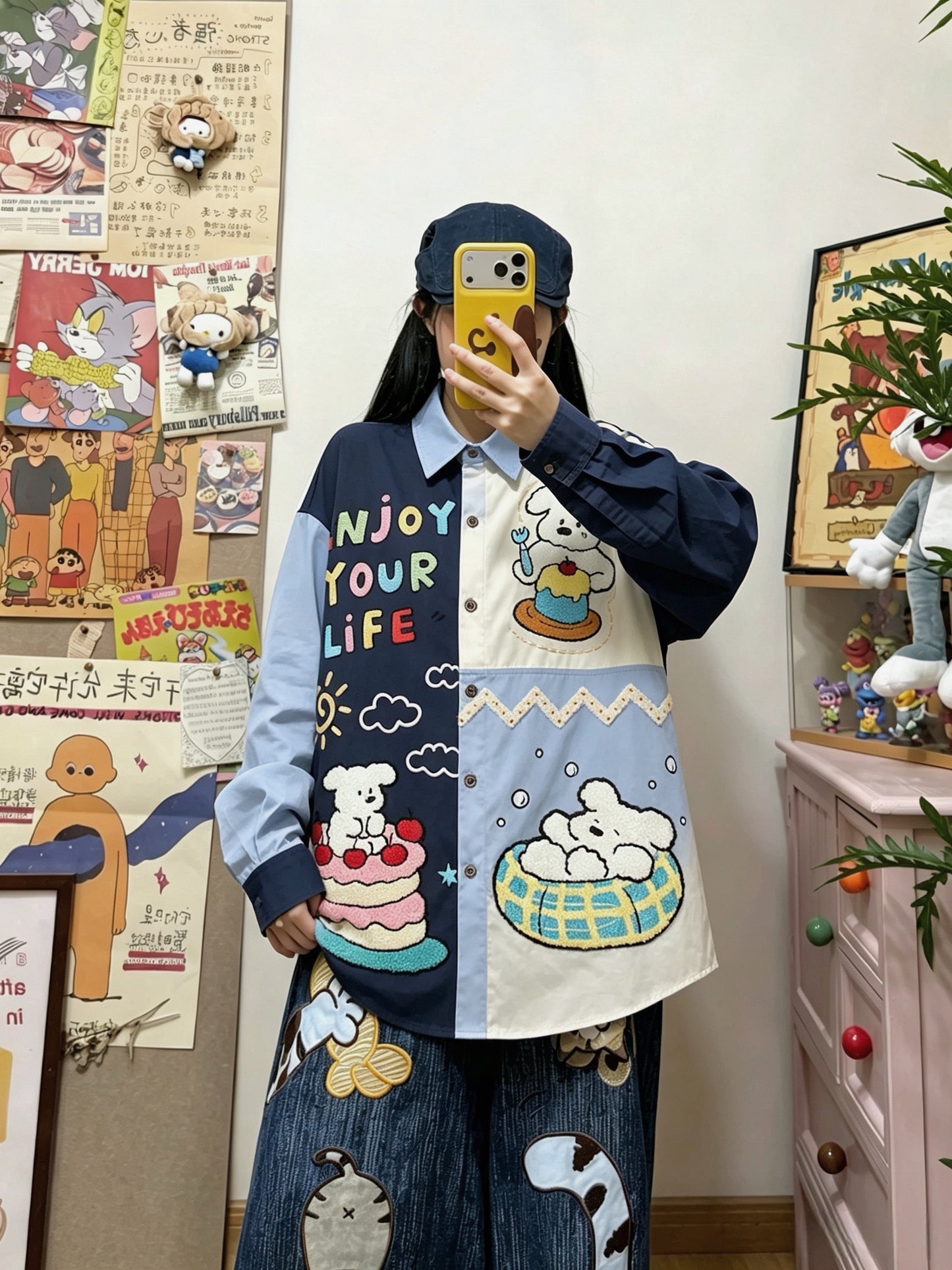 BIBULU - Color Block Cartoon Embroidered Long Sleeve Shirt shirt BIBULU