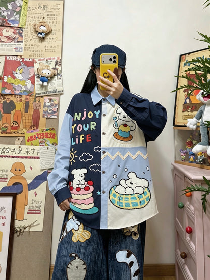 BIBULU - Color Block Cartoon Embroidered Long Sleeve Shirt shirt BIBULU