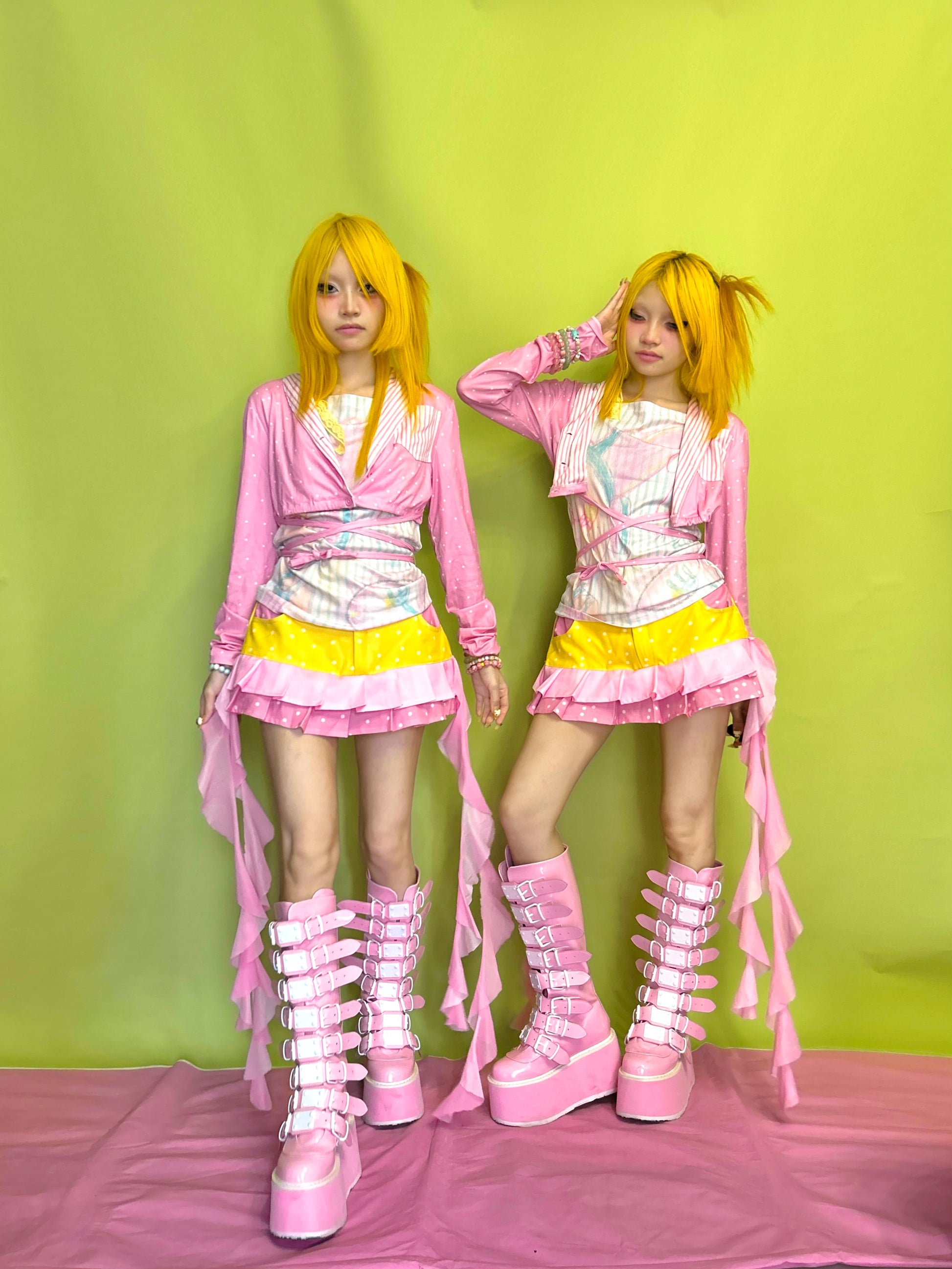 YJM with biubiu Pink Polka Dot Jacket | Striped Patchwork Tie-Up Short Jacket jacket YJM with biubiu