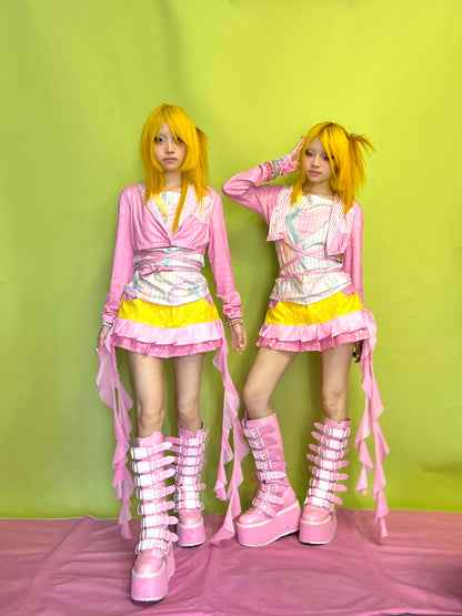 YJM with biubiu Pink Polka Dot Jacket | Striped Patchwork Tie-Up Short Jacket jacket YJM with biubiu
