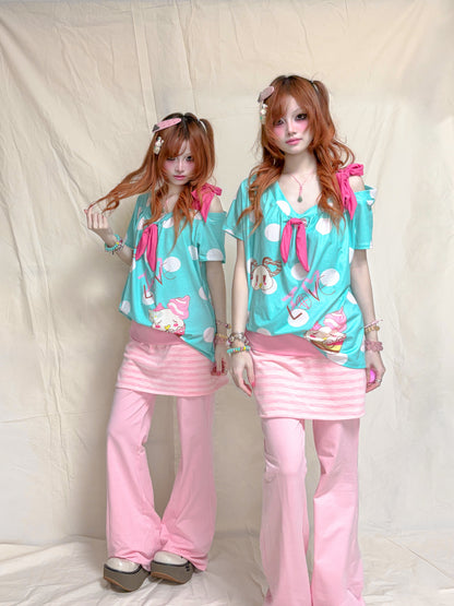 YJM with biubiu - Aqua Blue Love Dessert Top tshirt YJM with biubiu