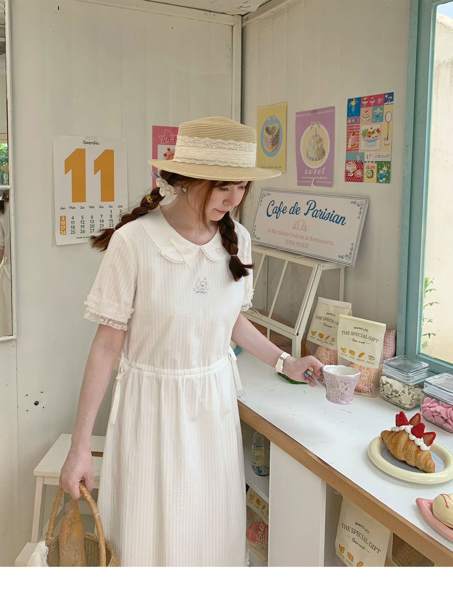 Peach Party - White Rabbit Embroidery Midi Dress