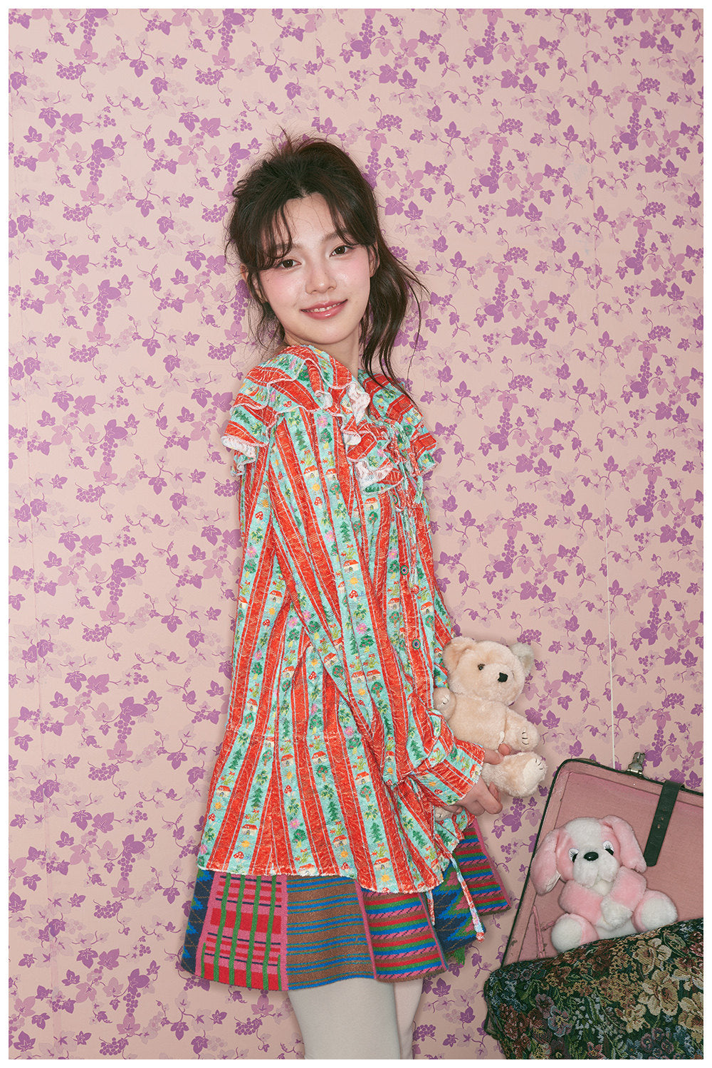 tntntutu - Kidcore Red Green Stripe Lace Shirt blouse tntntutu