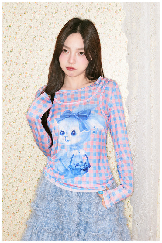 tntntutu - Bunny & Floral Plaid Slim Fit Layered Top shirt tntntutu