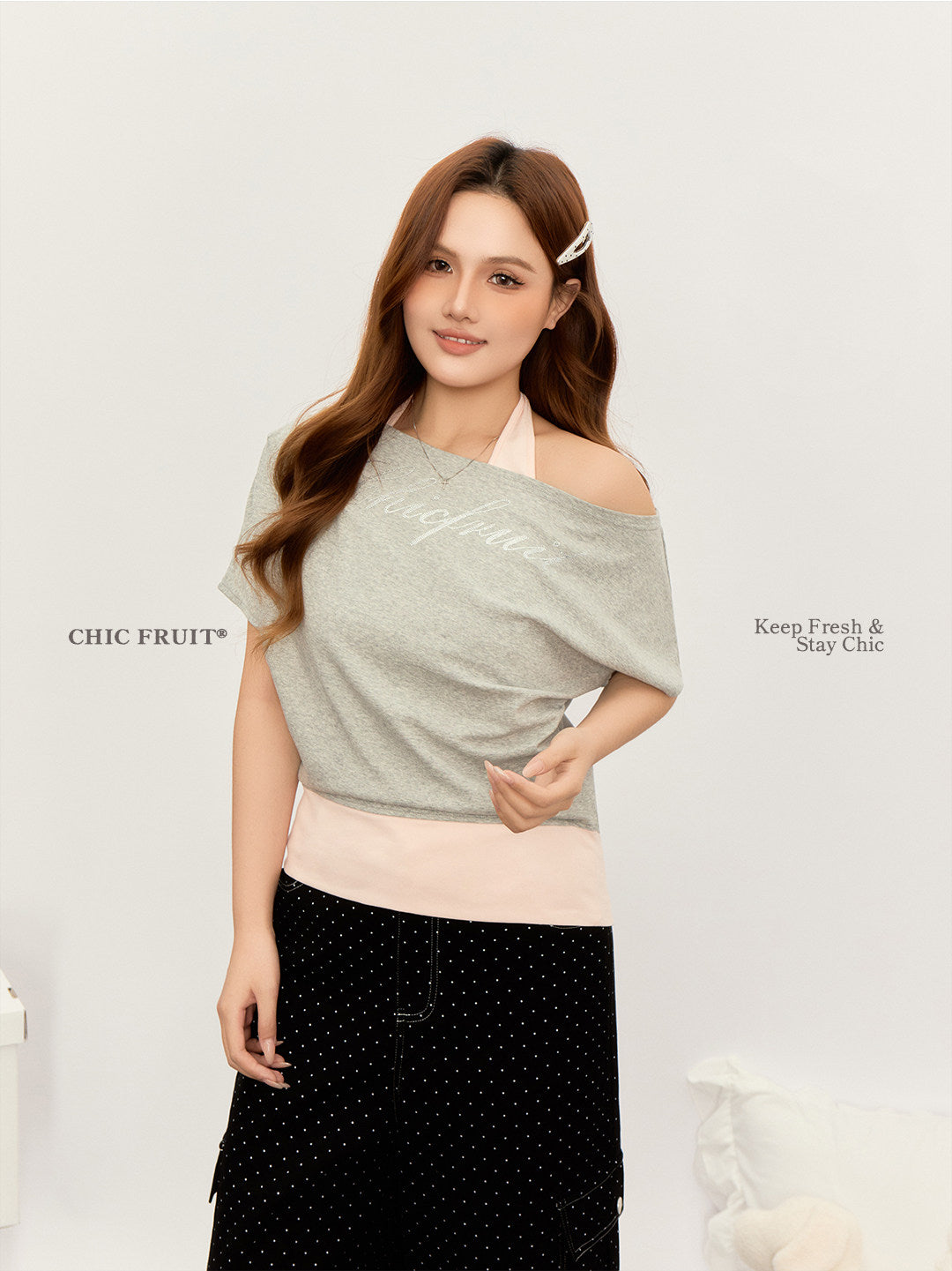 CHIC FRUIT - Colorblock Off-Shoulder T-Shirt tshirt Chic Fruit