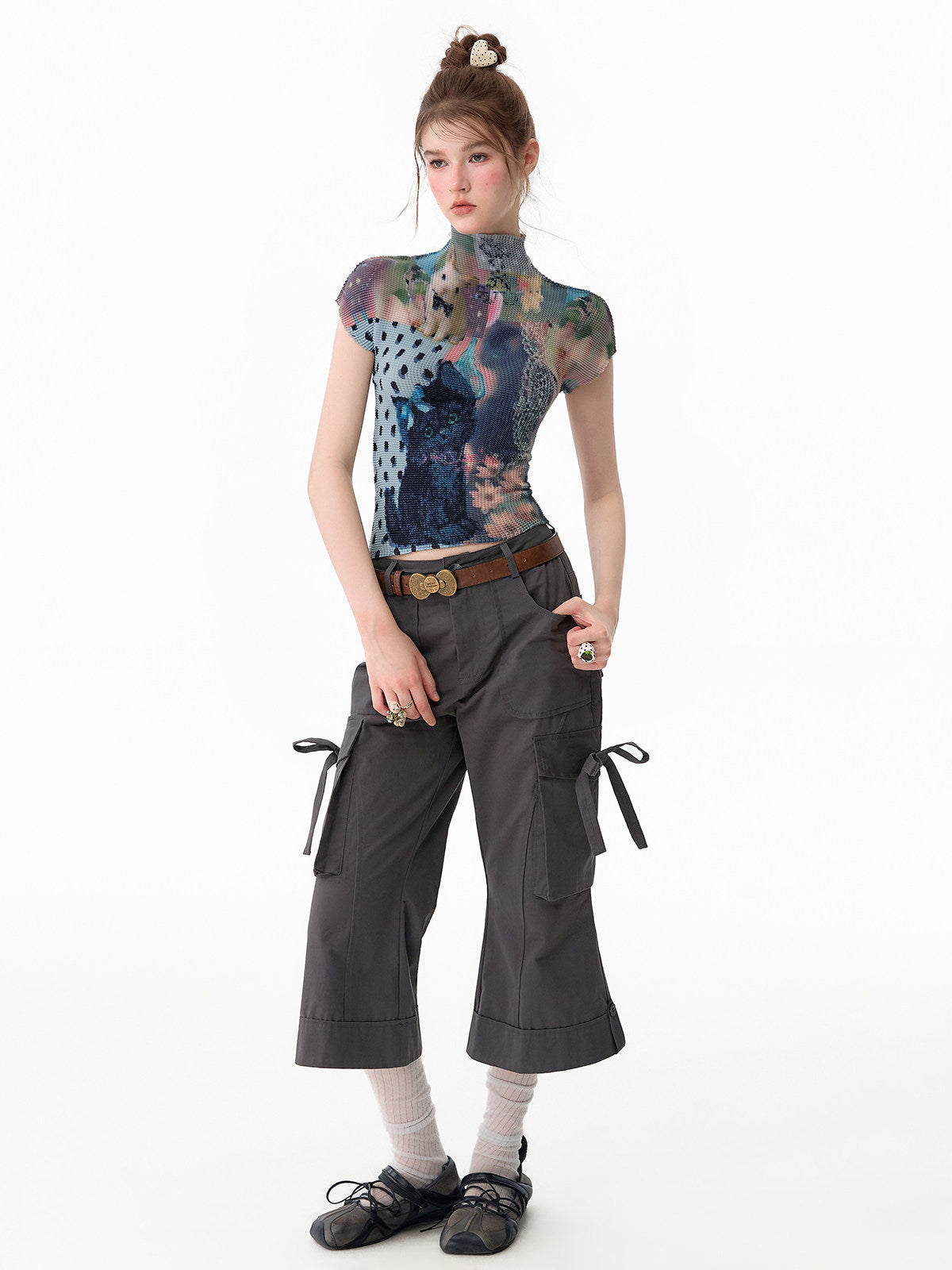 ziziFei - Charcoal Bow Cargo Cropped Pants shorts ziziFei