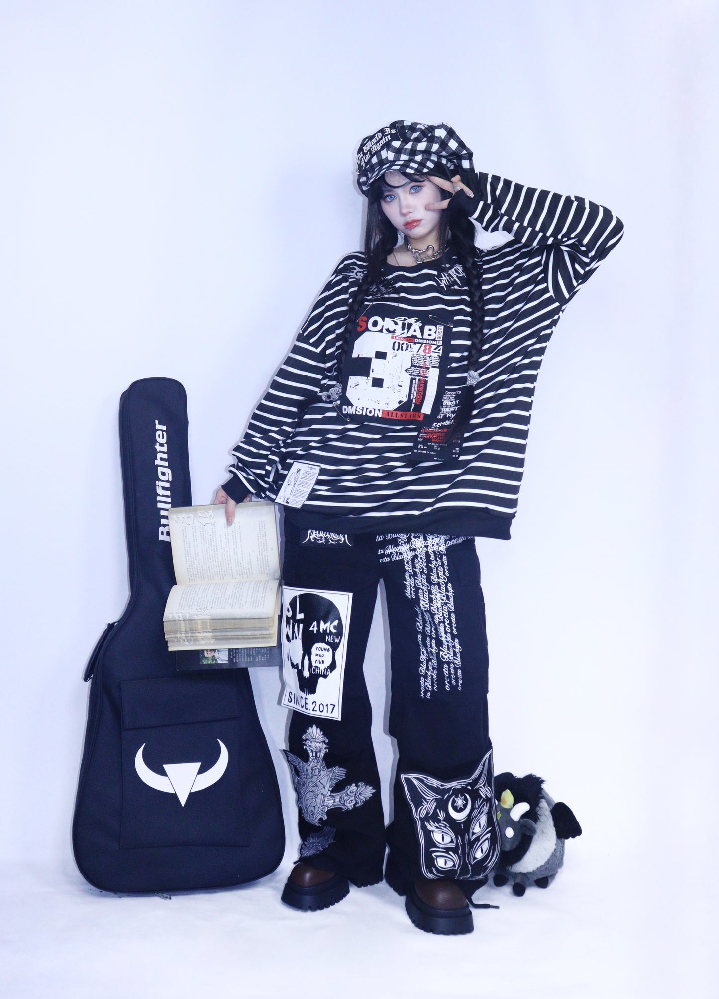 Leerroo - Y2K Punk Stripe Sweatshirt Loose Fleece-Lined Top sweatshirt Leerroo