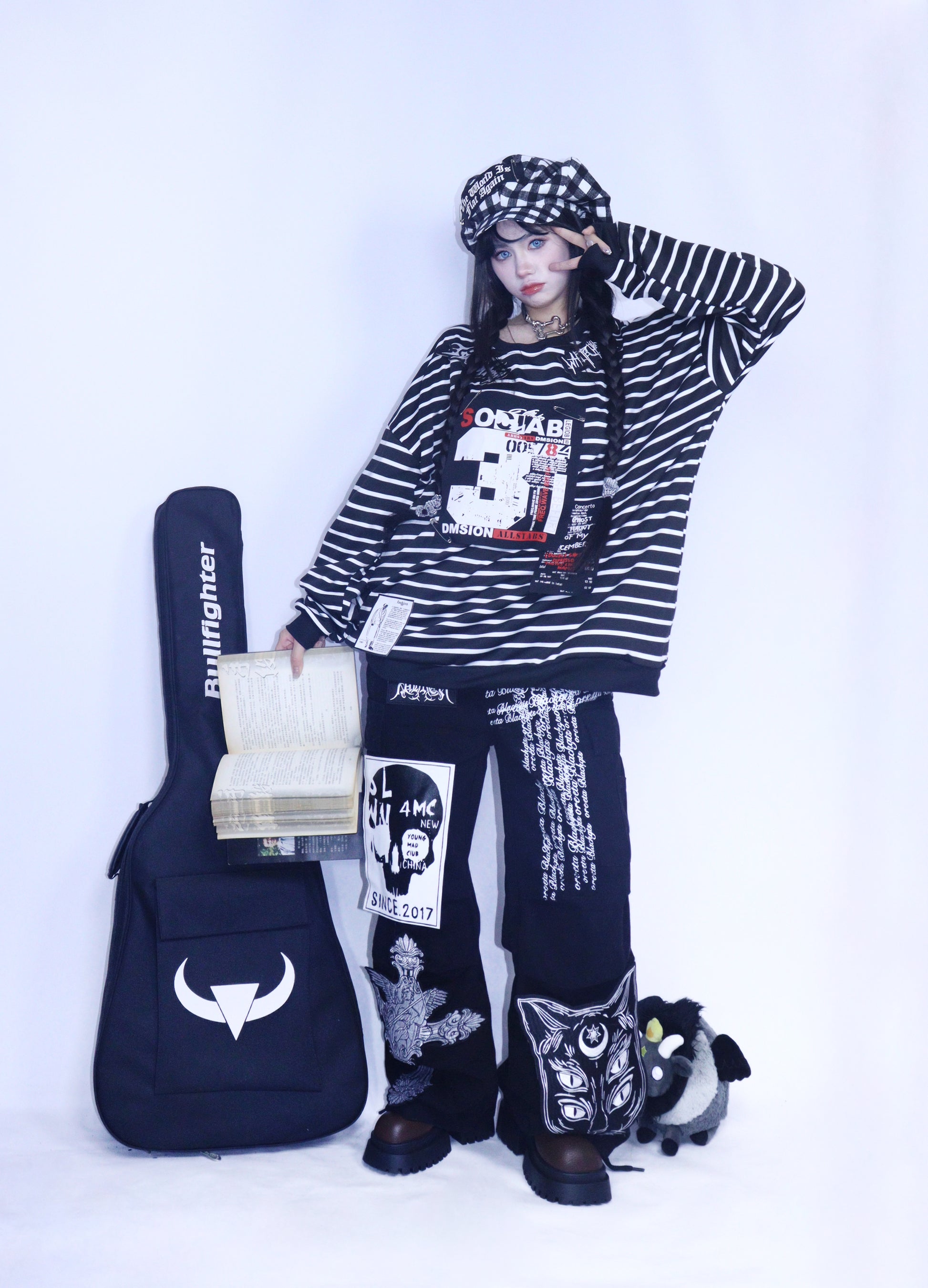 Leerroo - Y2K Punk Stripe Sweatshirt Loose Fleece-Lined Top sweatshirt Leerroo