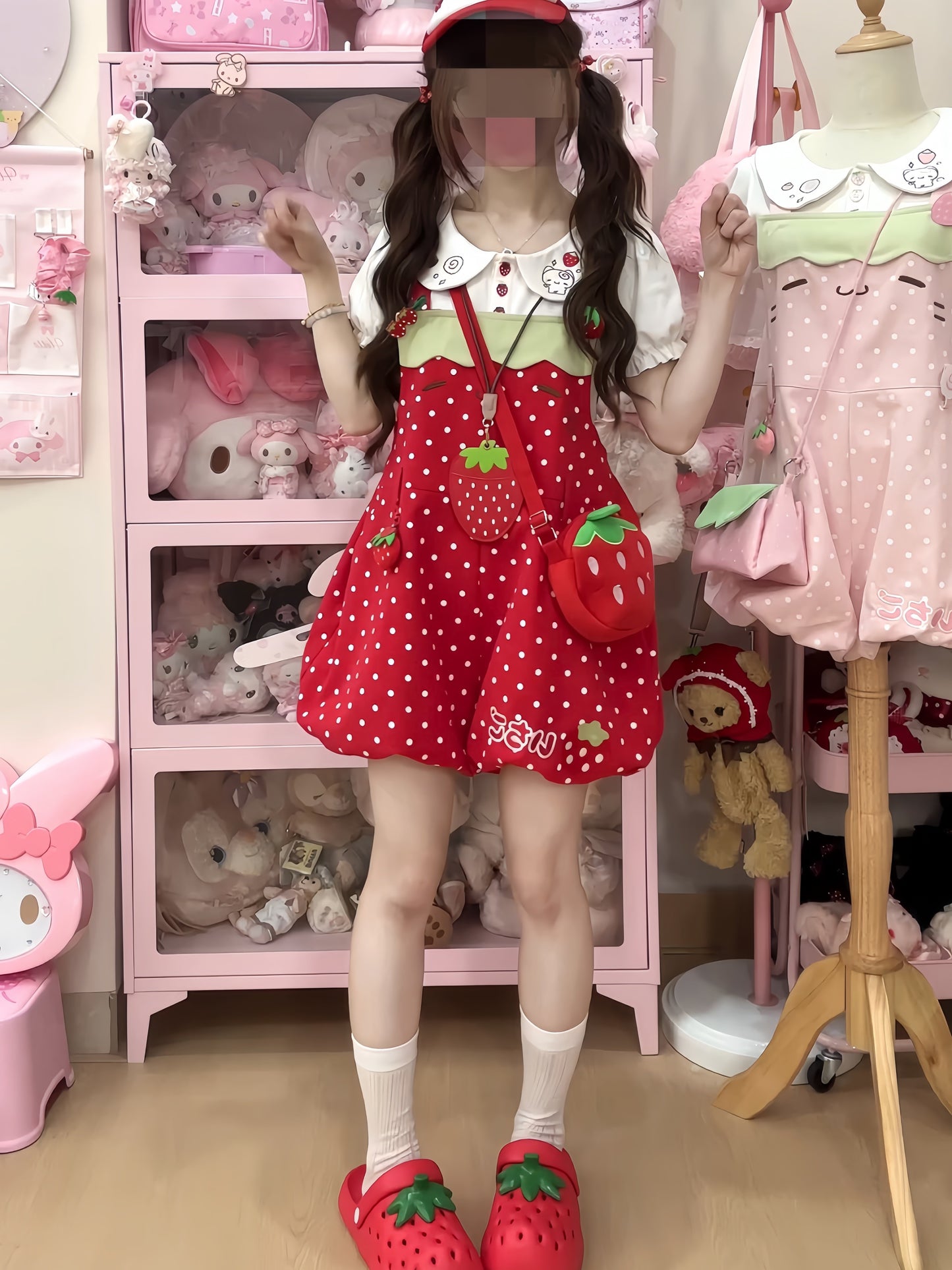 Blurred Bear - Strawberry Doll Collar Overalls Set set Blurred Bear