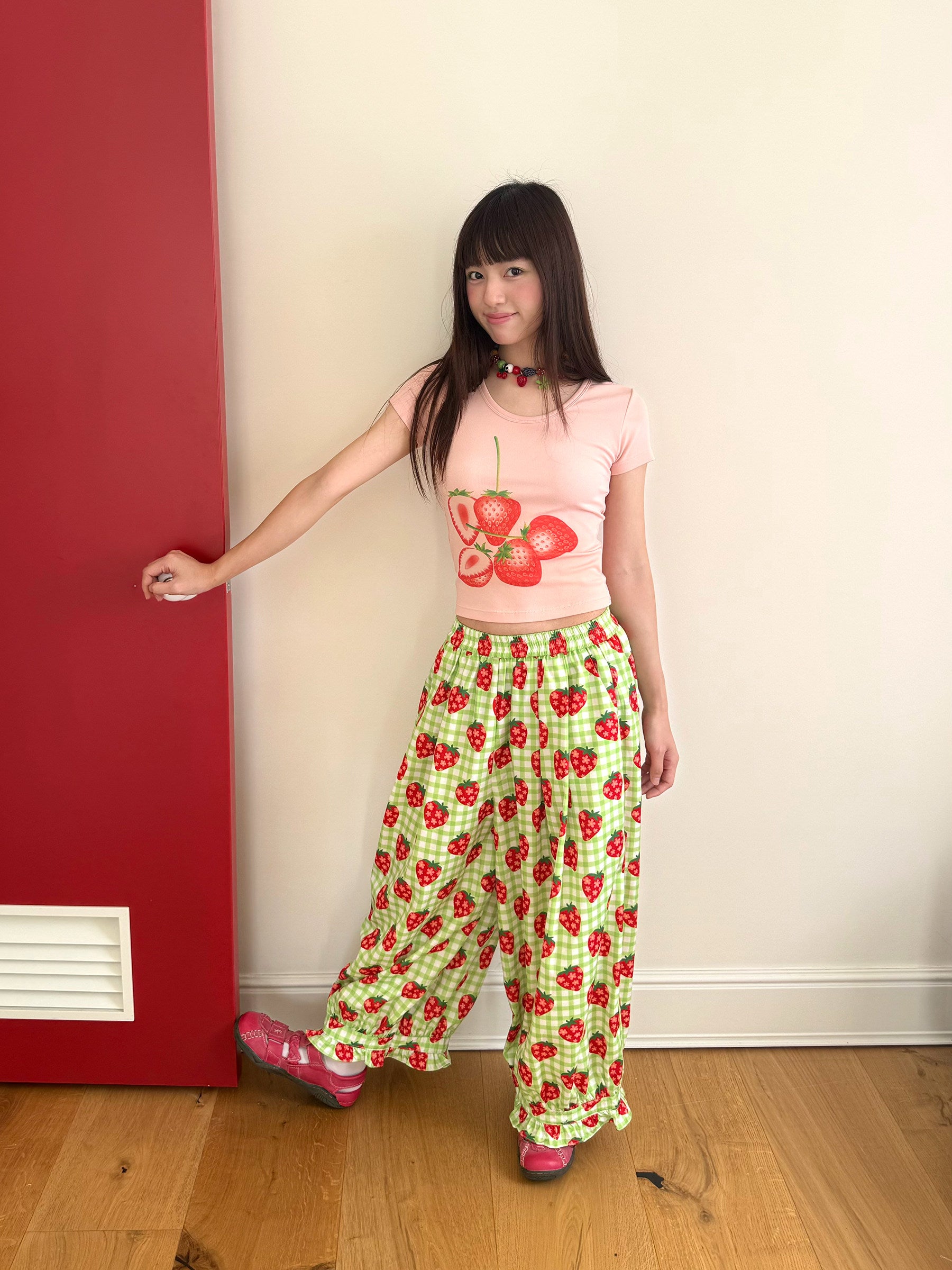FRUITS - Strawberry Plaid Wide Leg Pants | Kawaii Japanese Streetwear Trousers pants Fruits