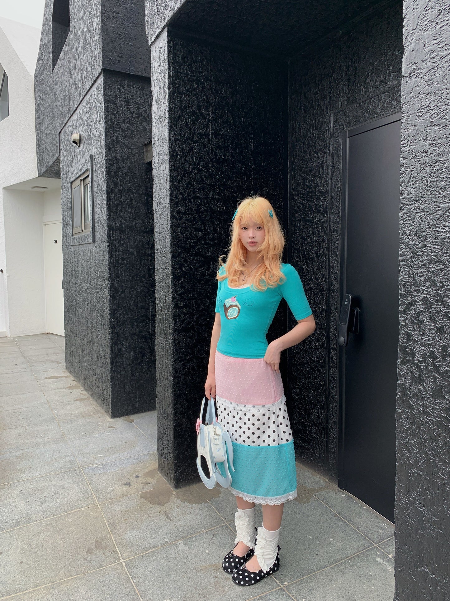 bae bi - Mint Color Block Polka Dot Lace Trim Skirt skirt Bae Bi