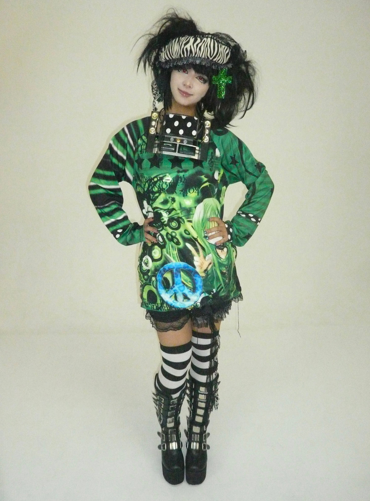 ki00bi00 - Green Stripe Print Long Sleeve Top