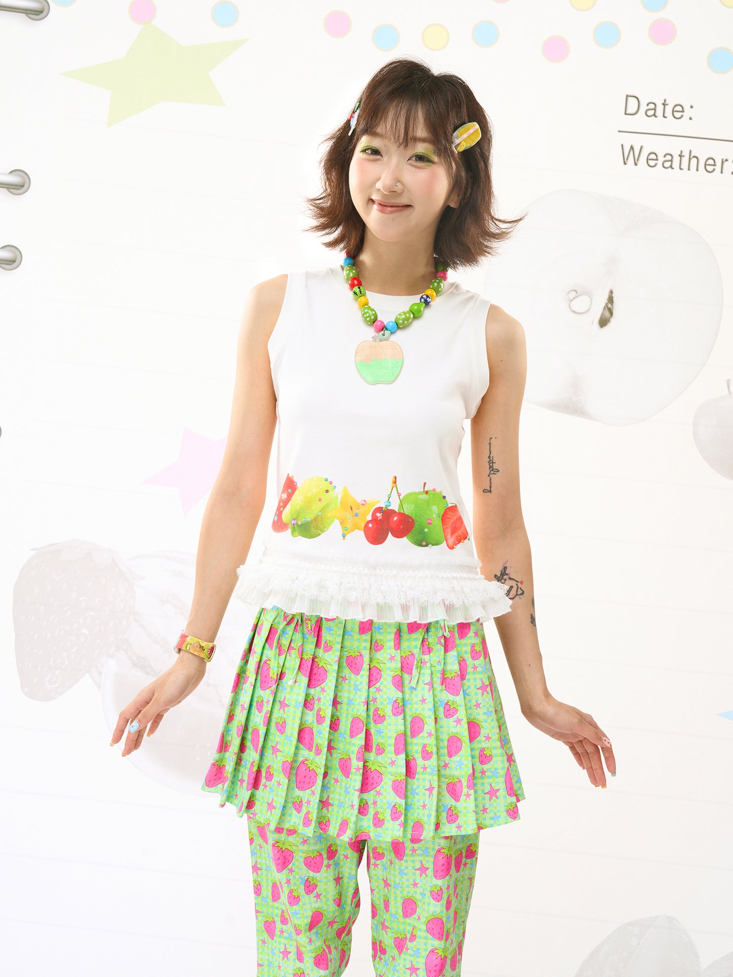 FRUITS Print Cami | Lace‑Hem Tee | White Sleeveless Shirt tshirt Fruits