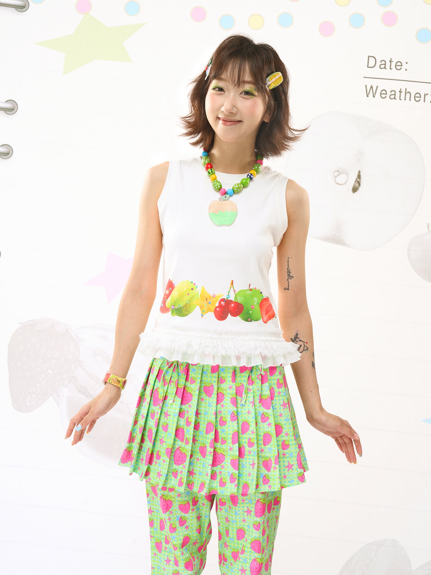 FRUITS Print Cami | Lace‑Hem Tee | White Sleeveless Shirt tshirt Fruits