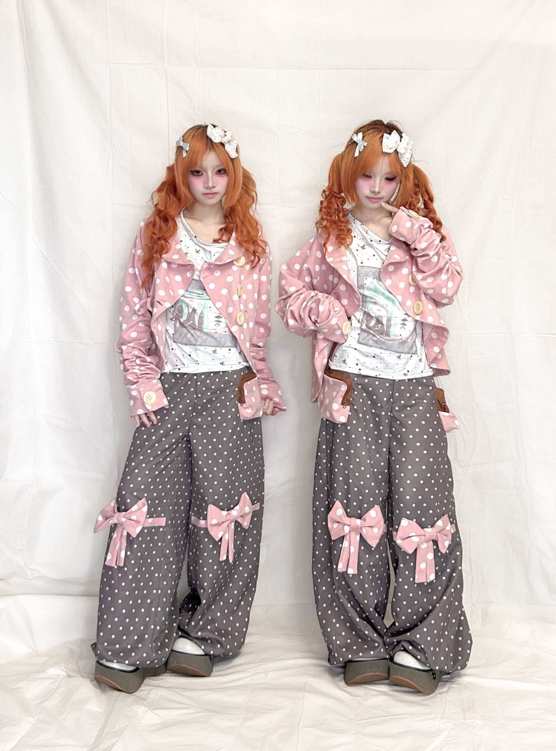 YJM with biubiu - Polka Dot Pleated Long Sleeve Short Jacket cardigan YJM with biubiu