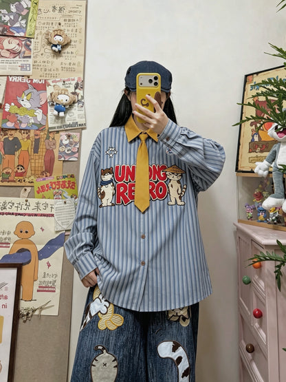 BIBULU - Japanese Cartoon Embroidered Stripe Shirt shirt BIBULU