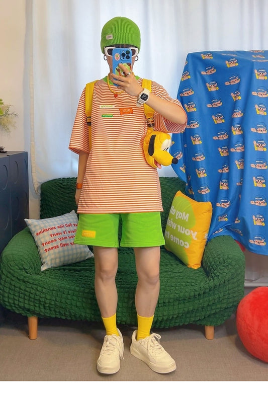 KURIOSITAET - Decora Kei Orange Striped T-Shirt tshirt KURIOSITAET