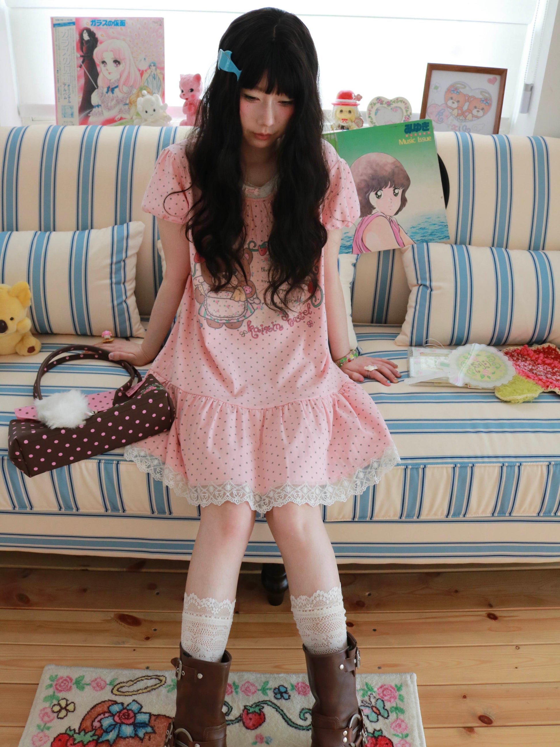 KaiXin Hostel - Bear Strawberry Lace T-Shirt Dress dress KaiXin hostel