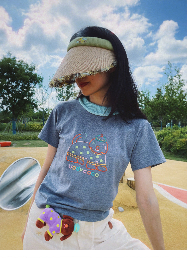 uodycoco – Embroidered Ribbed Collar T-Shirt tshirt uodycoco