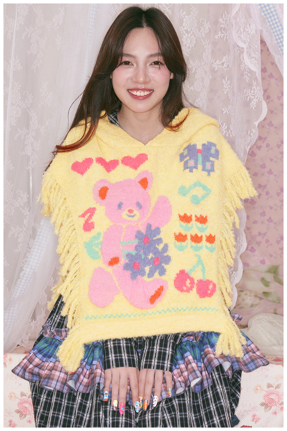 tntntutu - Dopamine Yellow Bear Knit Hooded Cape Kawaii Fringe Shoulder Poncho cape tntntutu