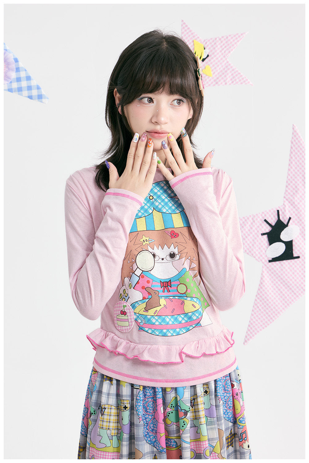 tntntutu - Pink Illustration Ruffle Long Sleeve Top shirt tntntutu